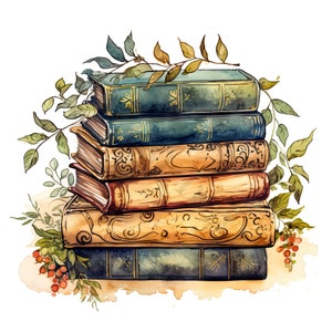 May include: A stack of six vintage hardback books with ornate designs and gold accents. The books are surrounded by watercolour painted leaves and berries.