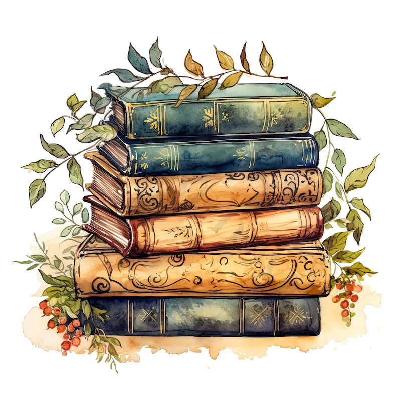 May include: A stack of six vintage hardback books with ornate designs and gold accents. The books are surrounded by watercolour painted leaves and berries.