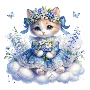 Floral Kitten Clipart - 13 PNG de haute qualité, Planificateur numérique, Junk Journal, Scrapbook, Livre de mémoire, Utilisation commerciale, Sublimation