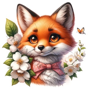 Clipart renard et fleurs - 17 PNG de haute qualité, téléchargement numérique, fabrication de cartes, clipart, créations numériques en papier, sublimation