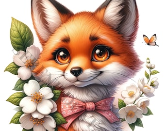 Clipart volpe e fiori - 17 PNG di alta qualità, download digitale, creazione di cartoline, clip art, creazione di carta digitale, sublimazione
