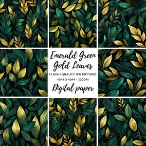 Emerald Green Gold Leaves 13 x 13 Digital Paper Pack, Scrapbook Paper, Journals, Backing Paper, Sublimation, Card Making, Craft