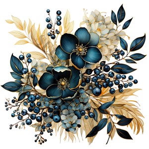 Blauwe en gouden koperen bloemen clipart - 12 hoogwaardige PNG's, digitaal papier maken, digitale planner, kleding, aquarel, digitale download