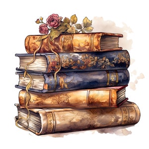 May include: A stack of five antique books with ornate covers, featuring a watercolour illustration of a rose with green leaves on top.
