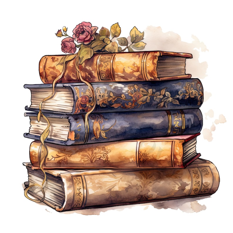 May include: A stack of five antique books with ornate covers, featuring a watercolour illustration of a rose with green leaves on top.