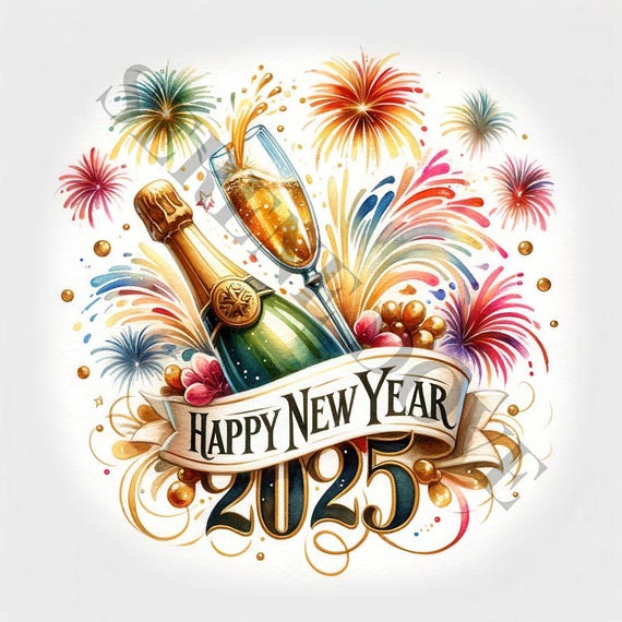 Happy New Year 2025 Watercolor Clipart Set (digital Download
