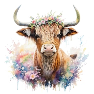 Highland Cow With Flowers Clipart - Watercolor PNG, Floral Junk Journal ...