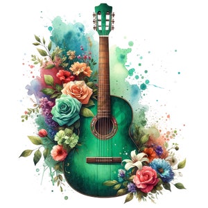 Floral Guitar Clipart - 12 PNGs van hoge kwaliteit, Digitale Planner, Junk Journal, Scrapbook, Memory Book, Commercieel Gebruik, Sublimatie