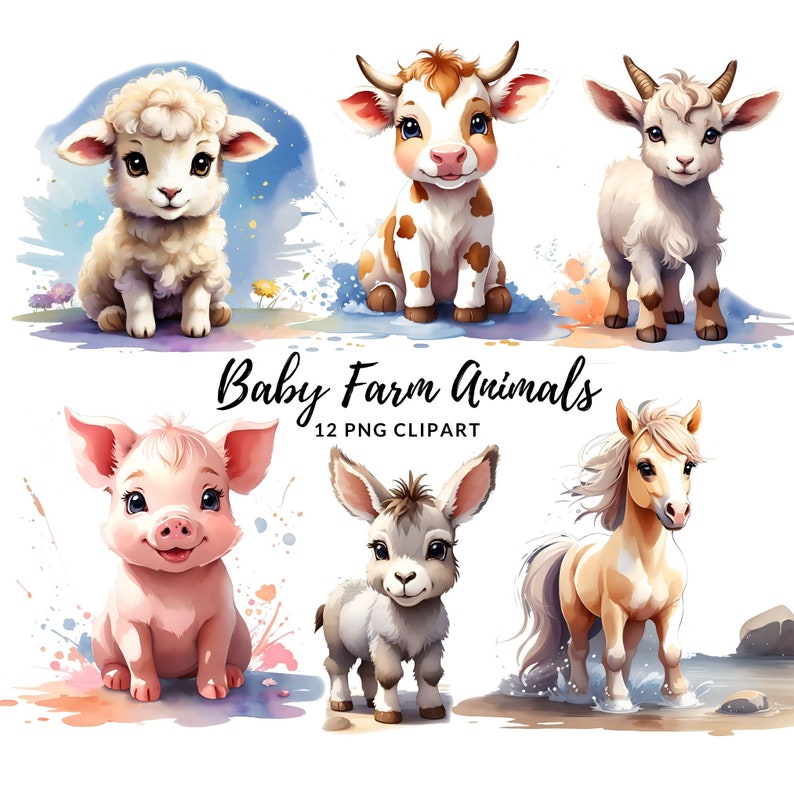 Watercolor Baby Farm Animals Clipart Cute Farmyard Pets - Etsy