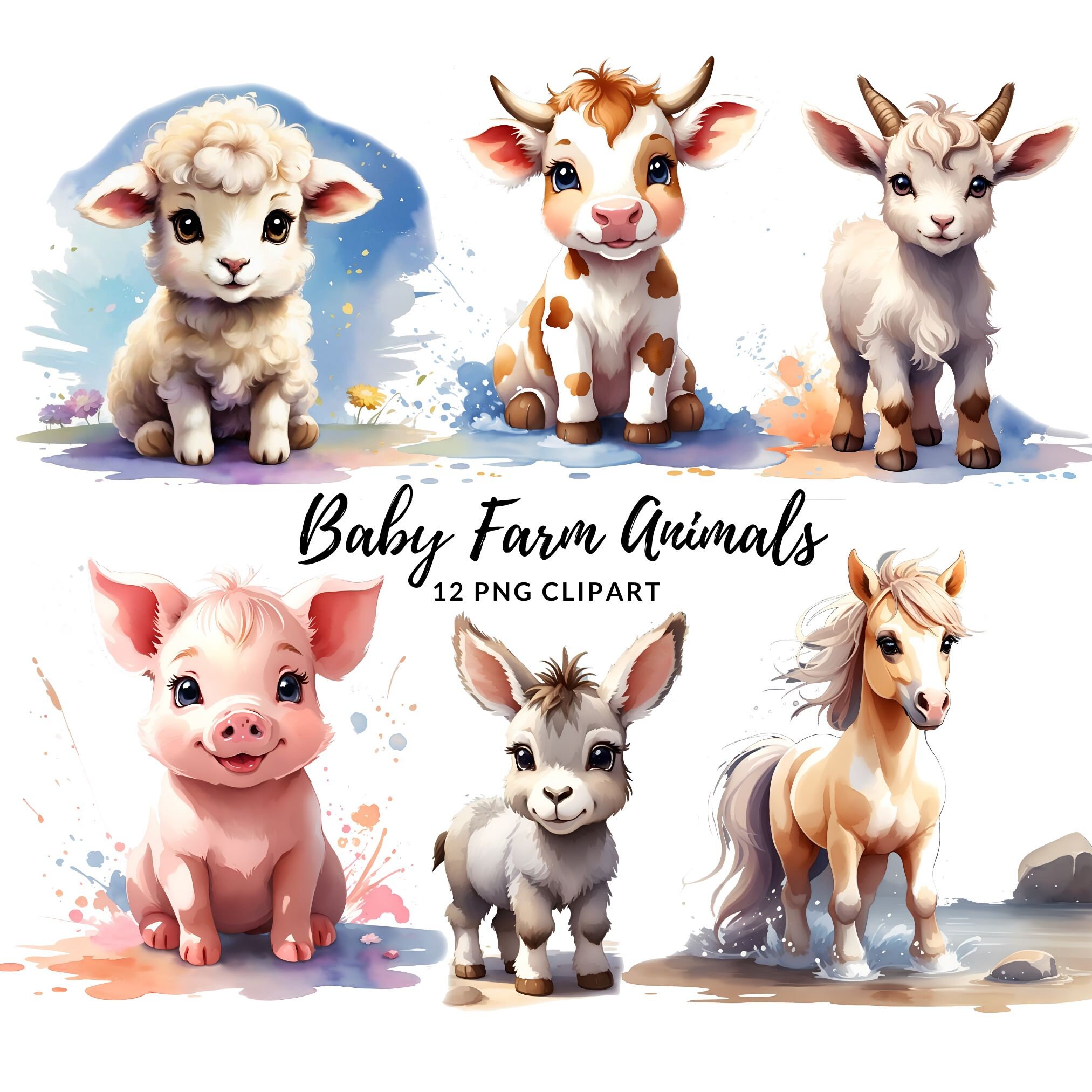 Watercolor Baby Farm Animals Clipart - Cute Farmyard Pets, Adorable Pet ...