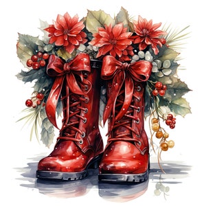Pode incluir: Um par de botas de couro vermelho com cadar&ccedil;os e la&ccedil;os, decoradas com uma coroa de flores vermelhas e folhas verdes.