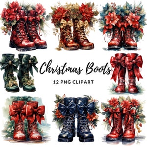 Pode incluir: Doze ilustra&ccedil;&otilde;es de aquarela de botas de Natal com la&ccedil;os e acentos florais de v&aacute;rias cores. O texto "Christmas Boots" e "12 PNG CLIPART" &eacute; exibido abaixo das imagens.