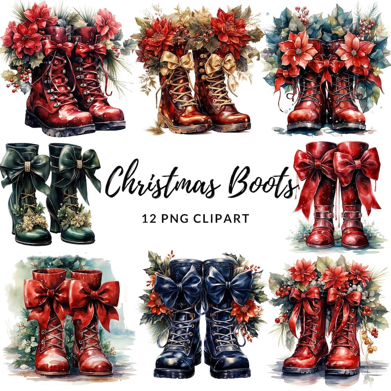 Pode incluir: Doze ilustra&ccedil;&otilde;es de aquarela de botas de Natal com la&ccedil;os e acentos florais de v&aacute;rias cores. O texto "Christmas Boots" e "12 PNG CLIPART" &eacute; exibido abaixo das imagens.