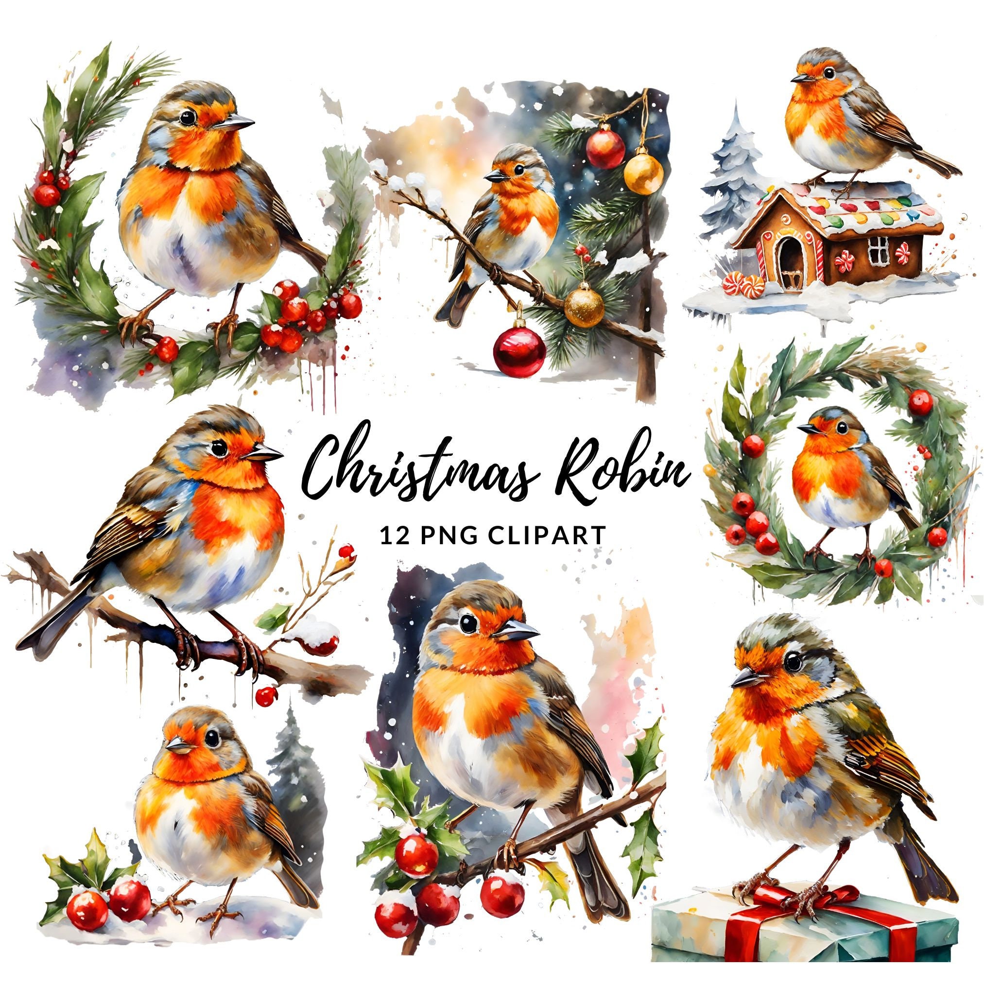 Christmas Robin Clipart - 12 High Quality Pngs, Digital Paper Crafting ...