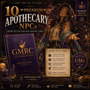 May include: A digital product cover titled 10 Premium Apothecary NPCs featuring a dark purple book with gold text, a fantasy character illustration, and a list of contents including 10 fully realized NPCs, personalities, goals, secrets, and adventure hooks.