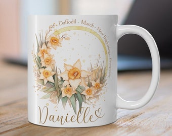 Mug FLEUR DE NAISSANCE DE MARS 11 oz, cadeau fleur de naissance personnalisé, cadeau d'anniversaire de mars, mug jonquille personnalisé, mug cadeau fleur du mois de naissance pour maman.