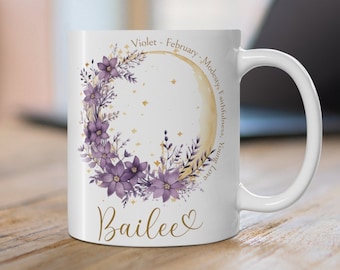 FEBRUARI FÖDELSEBLOMMA-mugg 330 ml, Personlig födelseblommapresent, februari födelsedagspresent, anpassad violett mugg, födelsemånadsblommapresent till mamma.