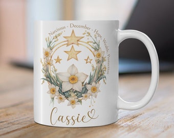 DECEMBER FÖDELSEBLOMMA-mugg 340 g, Personlig födelseblomma-present, decemberfödelsedagspresent, anpassad påsklilja-mugg, födelsemånadsblomma-present till mamma