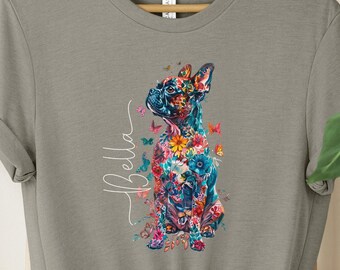 GEPERSONALISEERDE BOSTON TERRIER T-shirt kleurrijke bloemen T-shirt voor Boston-liefhebber cadeau voor haar custom Boston Terrier-shirt met naam voor Boston-moeder