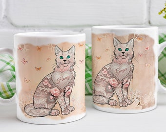 PERSONALIZED CAT MUG, Cat lover gift, custom cat mug, named cat gift, gift for her, cat mom gift, vintage cat gift, cat coffee mug with name