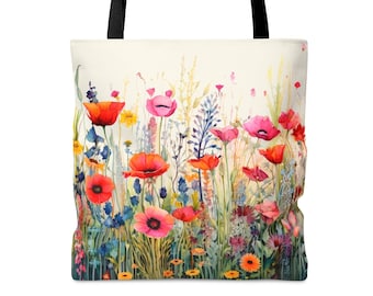 Poppies tote bag, floral tote bag, poppies tote, wildflowers tote bag, floral shopping bag, cottage core bag, boho shopping bag, boho tote.