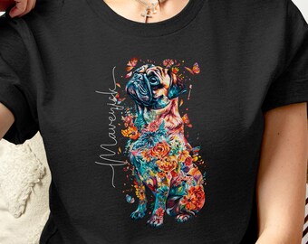 PERSONALIZED PUG TSHIRT colorful floral tee for Pug lover gift for her custom Pug owner shirt with name gift for Pug mom cottage core TShirt