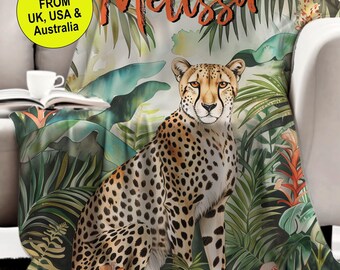 COUVERTURE DE CHEETAH PERSONNALISÉE, couverture minky personnalisée, cadeau pour amoureux des guépards, cadeau personnalisé pour adolescent, couverture animalière, cadeau guépard avec nom