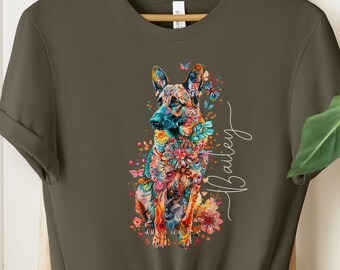 GEPERSONALISEERDE DUITSE HERDER T-shirt kleurrijke bloemen T-shirt voor herdersliefhebber aangepaste cadeau voor Elzasser eigenaar bloemen aangepaste herder shirt cadeau.