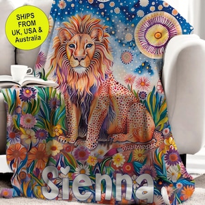 PERSONALIZED LION BLANKET gift for lion lover custom blanket with name gift for big cat lover lion colourful blanket for teen lion throw