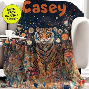 PERSONALIZED TIGER BLANKET gift for Tiger lover custom blanket with name gift for big cat lover Tiger colourful blanket for teen Tiger throw