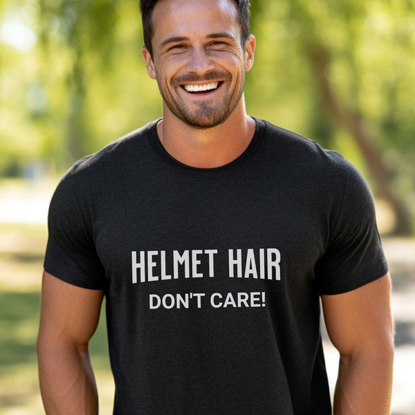 HELMET HAIR - Don't Care, Australia, Unisex short sleeve tee. Biker tshirt, pushbike shirt, motorbike lover tee, helmet hair funny t-shirt.