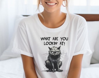 What are you lookin' at Cat Unisex Jersey Short Sleeve Tee. Scary cat tee, halloween shirt, cat lover tee, cat lover gift, angry cat shirt.