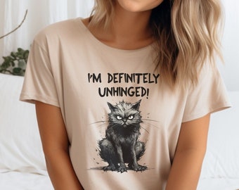 Definitely Unhinged Cat Unisex Jersey Short Sleeve Tee. Scary cat tee, halloween shirt, cat lover tee, gift for cat lover, angry cat shirt.