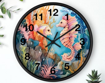 SEAHORSE WALL CLOCK reef lover wall decor clock with numbers gift for tropical home or beach lover kids room coastal theme seahorse clock.