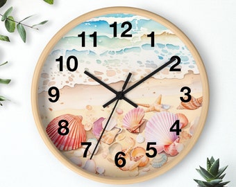 BEACH SHELLS CLOCK beach lover wall decor clock with numbers gift for tropical home or beach lover house warming gift coastal theme clock.