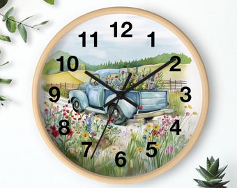 VINTAGE FLORAL CLOCK blue flower truck cottage core gift for her mothers day gift cottage decor wall clock with old blue delivery truck gift