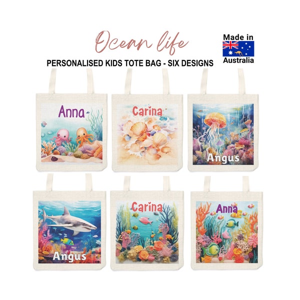 KIDS TOTE BAG Gepersonaliseerde tropische draagtassen voor kinderen strandliefhebber bibliotheektas kinder oceaan draagtas met kindernaam zeeleven kindercadeau tas.