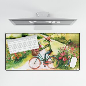 FROG DESK MAT for Frog lover mouse pad gift for her frog on bicycle country them office gift for workmate keyboard mat cottage core desk pad