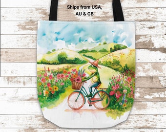 FROG CANVAS TOTE bag gift for frog lover cute tote with frog on bike gift for her country frog tote bag cottage core floral custom frog bag