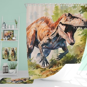ENSEMBLE DE BAIN DINOSAURE, tapis de bain en microfibre, rideau de douche de l&#39;ère jurassique pour les amoureux des dinosaures, salle de bain pour enfants, ensemble de salle de bain TRex, décoration de salle de bain dinosaure
