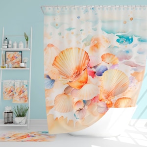 May include: Watercolor painting of seashells on a beach. The shells are in shades of orange, pink, and white. The background is a light blue watercolor wash.