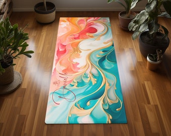 May include: A colorful yoga mat with a swirling abstract design in shades of pink, orange, blue, and gold. The mat has the name "Danielle" written on it in a cursive font.