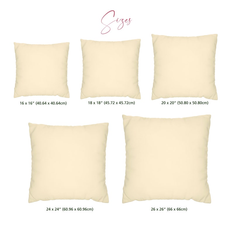 May include: Five different sizes of beige square throw pillows. The pillows are arranged in a grid pattern with the dimensions of each pillow listed below. The dimensions are listed in inches and centimeters.