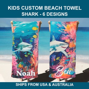 PERSONALISED BEACH TOWEL Shark beach towel personalised towel kids shark lover beach towel personalise gift kids white shark lover gift idea