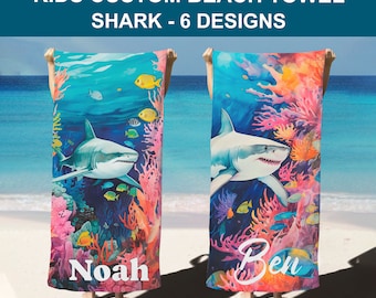 PERSONALISED BEACH TOWEL Shark beach towel personalised towel kids shark lover beach towel personalise gift kids white shark lover gift idea