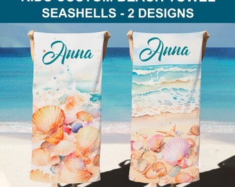 TOALLA DE PLAYA PERSONALIZADA Toalla de playa Seashells toalla personalizada niños amante de las conchas marinas regalo de toalla de playa con nombre personalizado toalla de playa para niños.