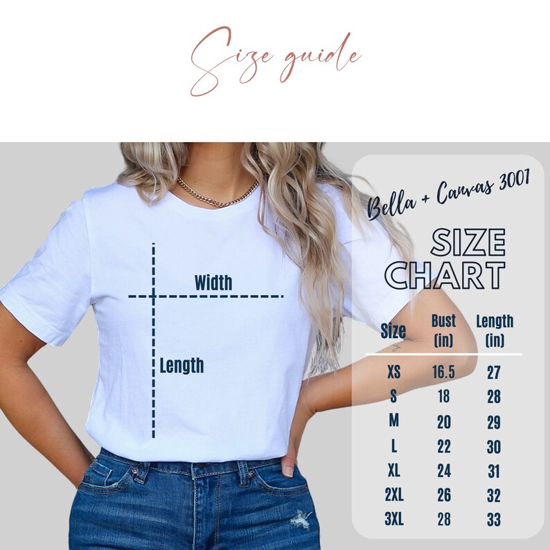 Op de afbeelding: Maattabel voor Bella + Canvas 3001 T-shirts, met borst- en lengtemaat in inches voor maten XS tot 3XL.