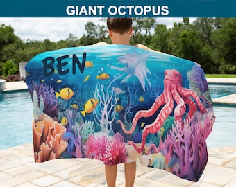 PERSONALISED BEACH TOWEL Octopus beach towel personalised towel kids Octopus lover beach towel custom gift kids Octopus pool towel for kids.