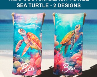 May include: Two personalized beach towels with a sea turtle design. The towels are blue, green, and orange with coral and the name "Ben" written on each towel.  KIDS CUSTOM BEACH TOWEL SEA TURTLE - 2 DESIGNS SHIPS FROM USA & AUSTRALIA