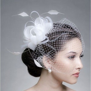 Feather Hair Fascinator Birdcage Veil, Bridal Shower Headpiece, Head Bow Minimalist Wedding Fascinator with Veil